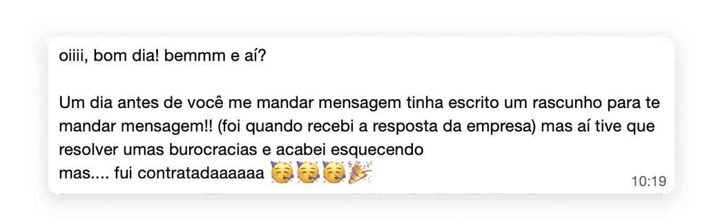 Mensagem de aluna: foi contratada após o programa