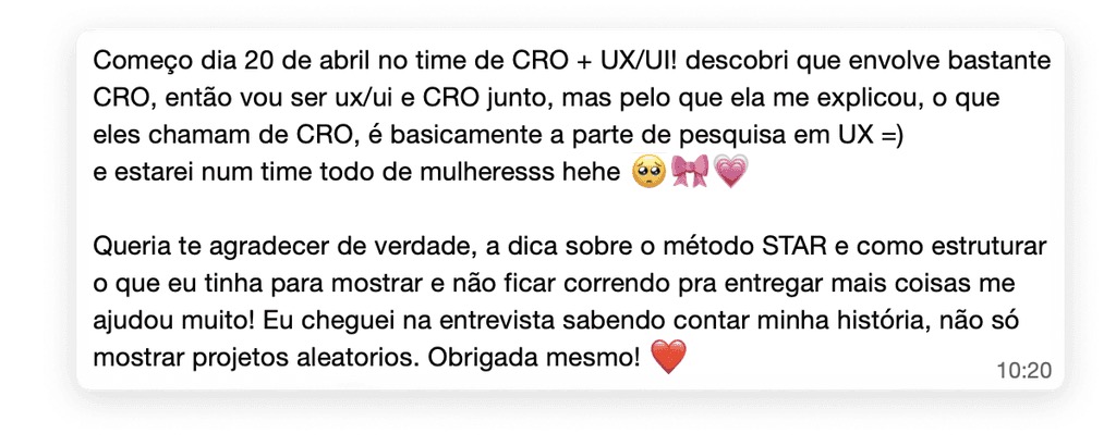 Mensagem de aluna: curso ajudou nas entrevistas e deu confiança